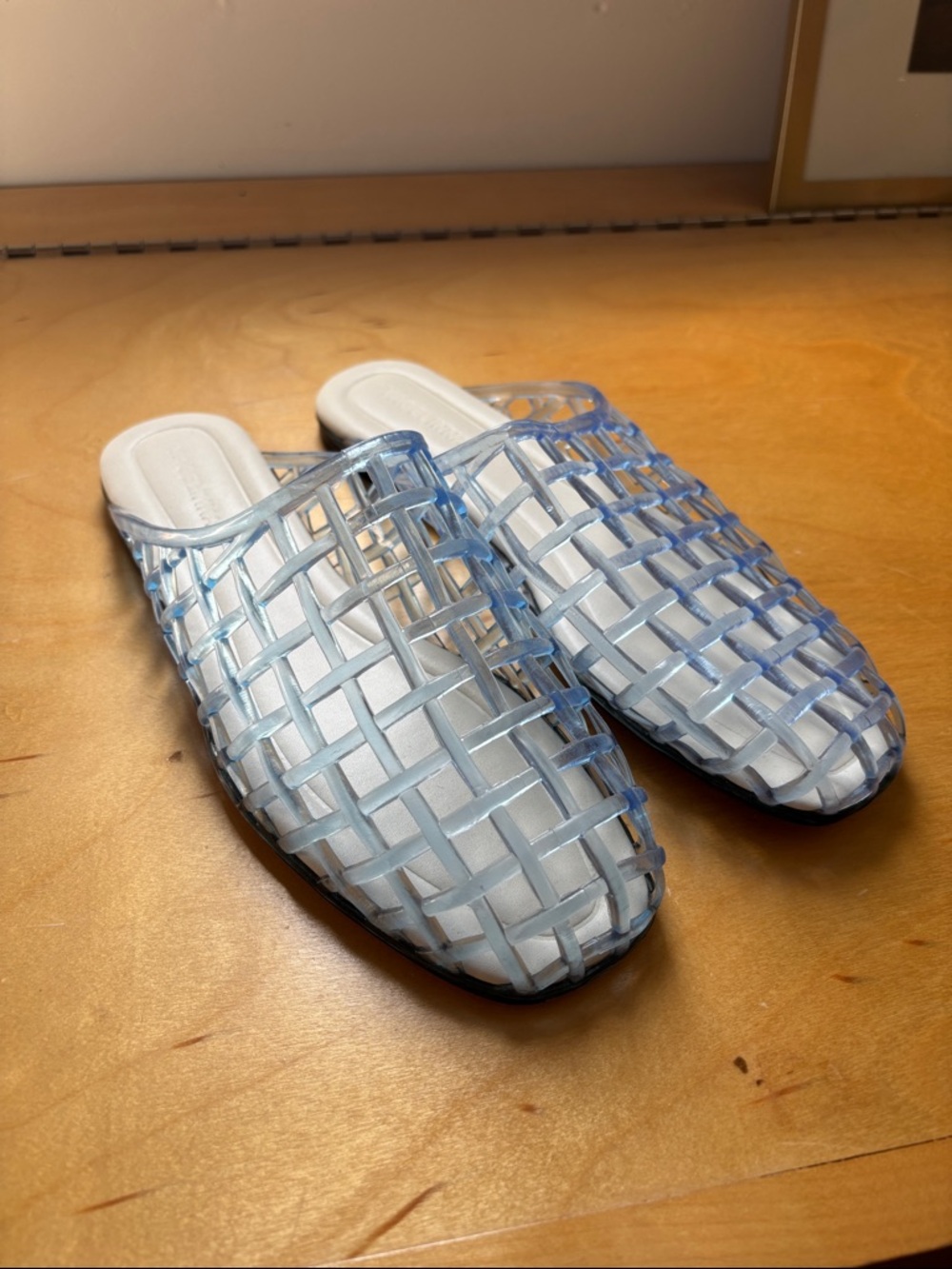 Light blue jelly mule slides